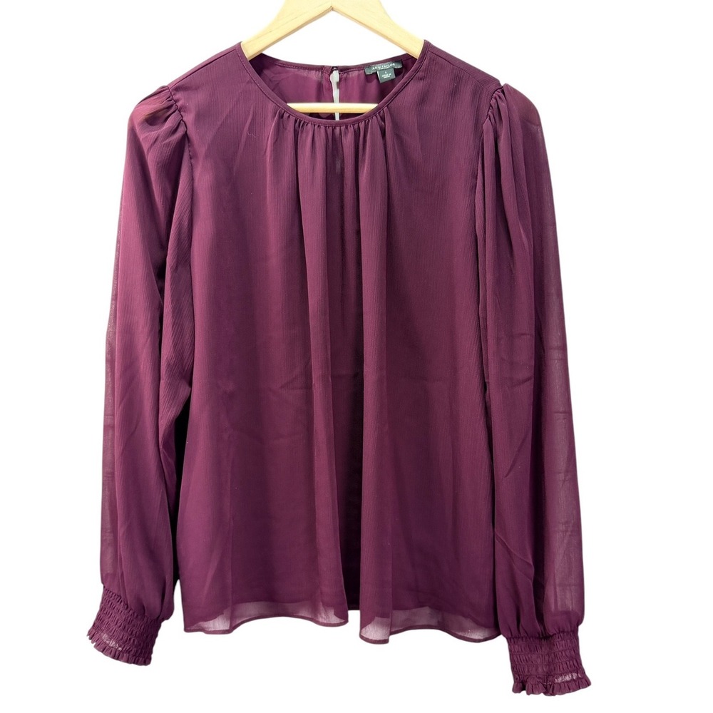 Ann Taylor Blouse Womens L Burgundy Office Professional Sheer Smocked Cuff Lined